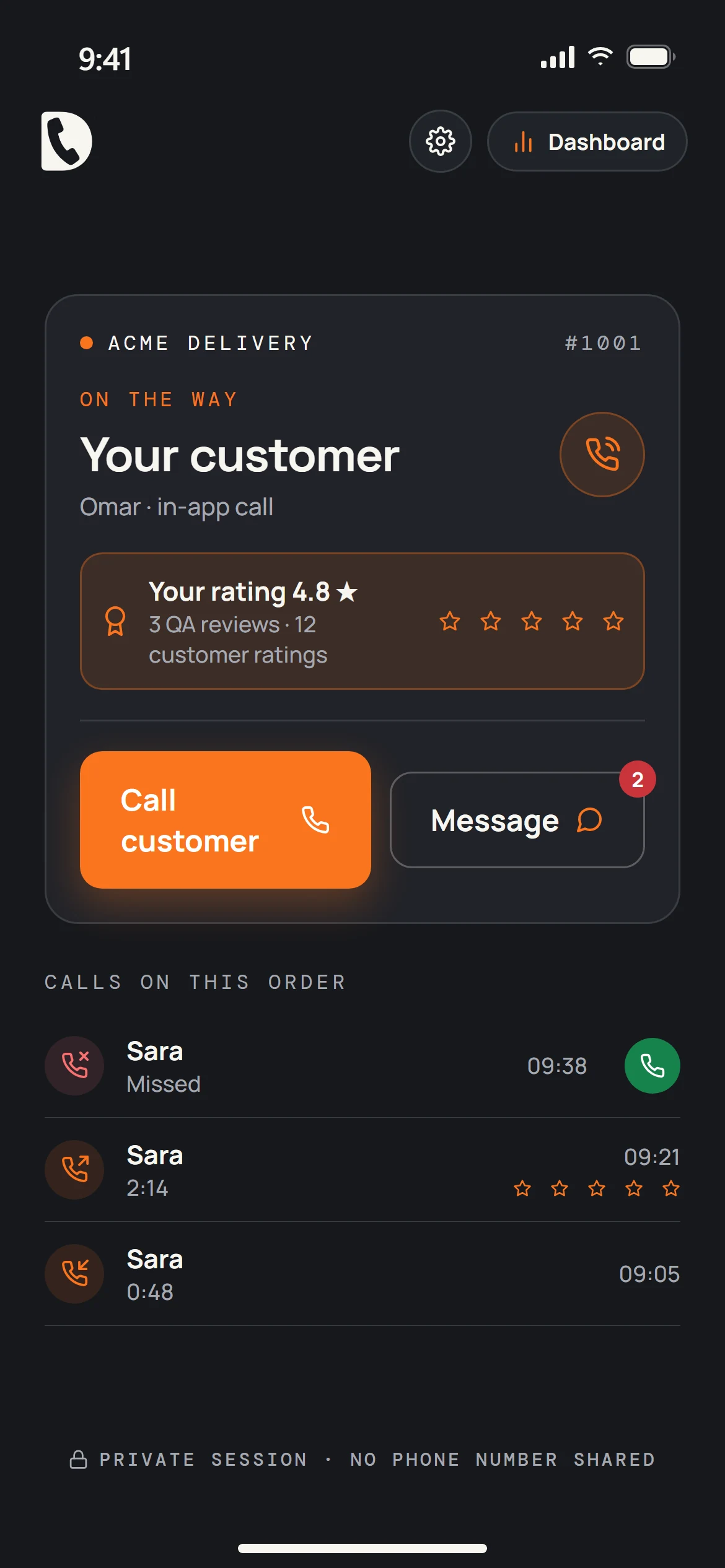 The driver's home: the order, Call customer and Message